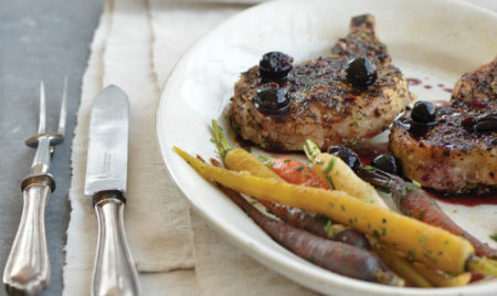 Sage Rubbed Pork Chops with Blue Cheese and Concord Grapes