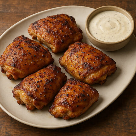 Smoky, Crispy Chicken Thighs with Alabama White Barbecue Sauce