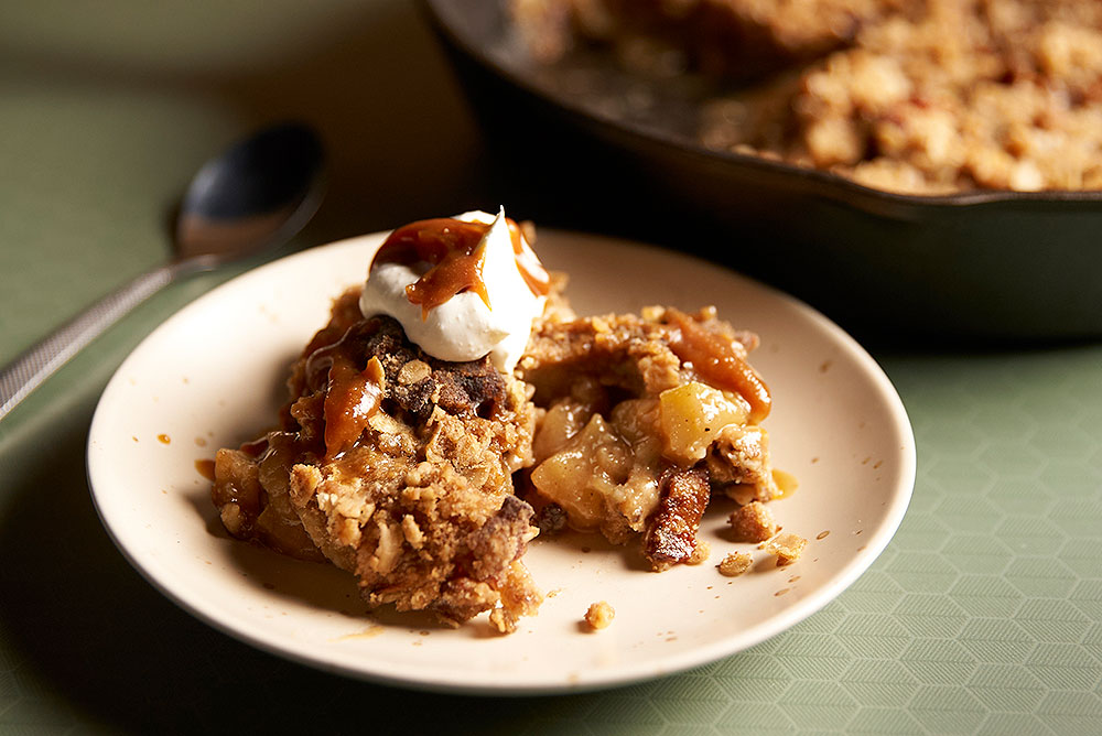 Smoked Apple Crisp with Caramel Drizzle and Smoked Whipped Cream