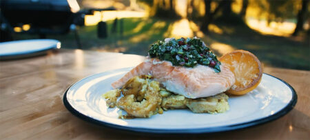 Chimichurri Salmon with Curry Smashed Potatoes