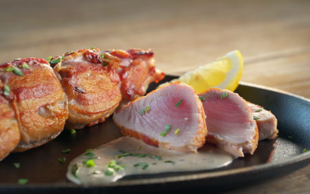 Bacon-Wrapped Albacore “Filet Mignons” with Peppercorn Cream Sauce