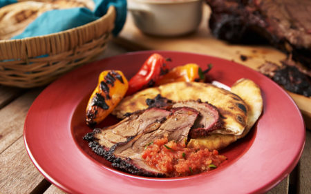 Moroccan Lamb Shoulder with Moroccan Tomato Sauce and Skewered Peppers