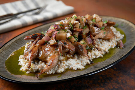 Grilled Quail with Pear Salsa and Blue Cheese Farrotto