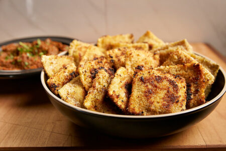 Grilled Ravioli with Smoked Roasted Tomato Sauce