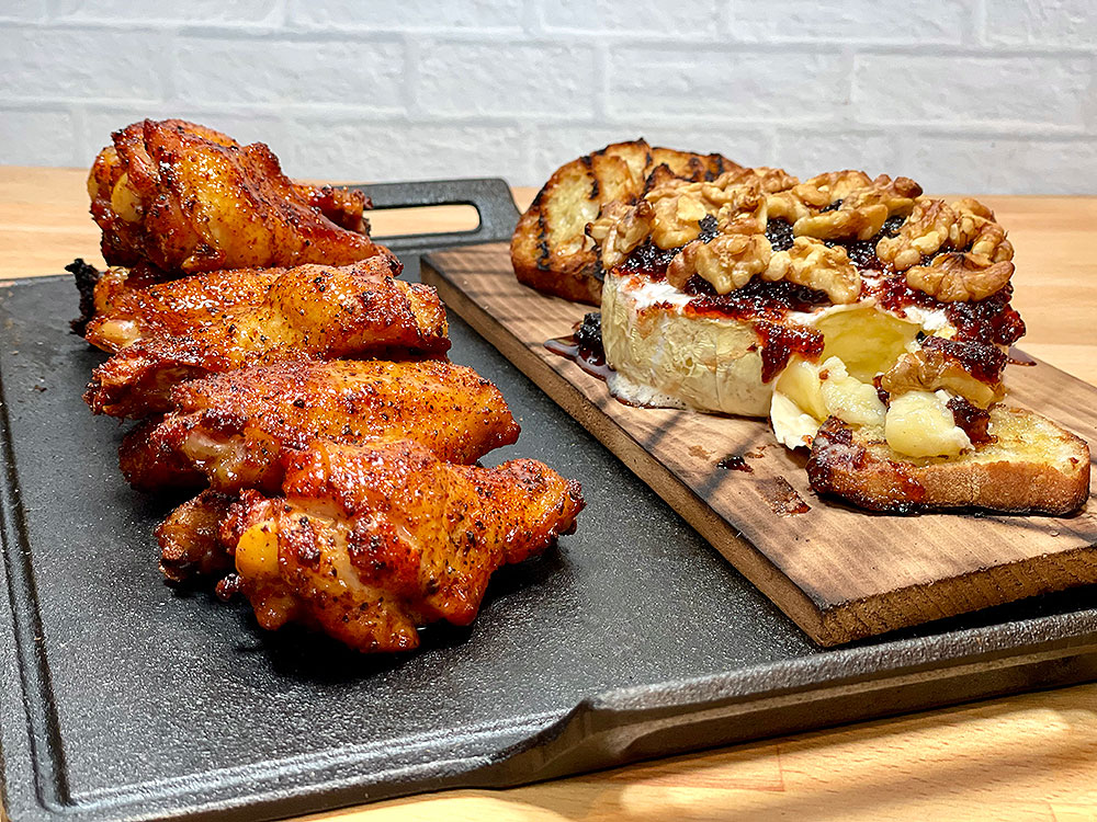 Mango-Habanero-Glazed Chicken Wings and Smoked Cranberry Habanero Camembert Cheese