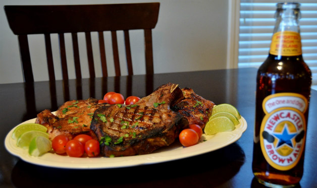 Grilled pork porterhouses with Newcastle Brown Ale