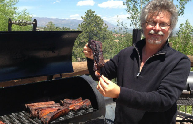 Steven Raichlen with offset barrel smoker