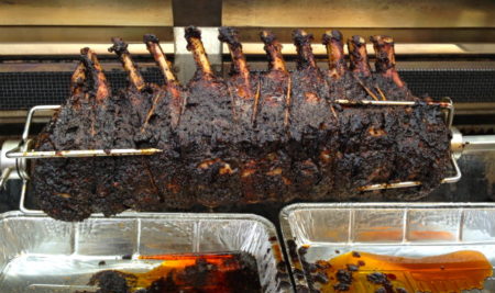 Coffee-Crusted Spit-Roasted Pork Loin Roast with Caramelized Apple Sauce