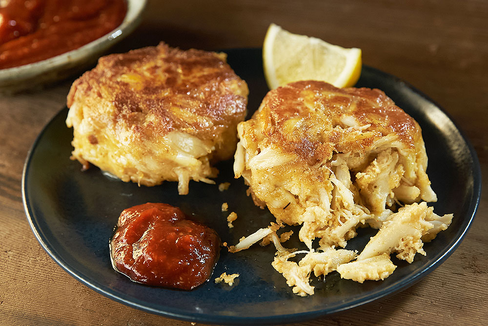 Smoke grilled Maryland crab cakes, Sriracha Cocktail Sauce