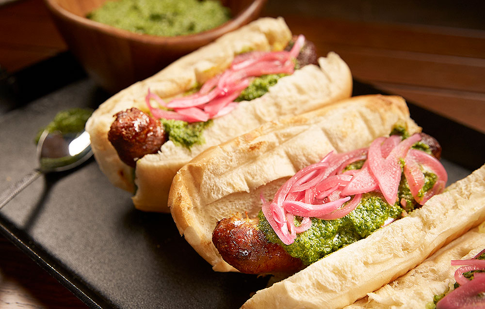 Wood-Grilled Chorizo with Pickled Onions, Cheese and Chimichurri
